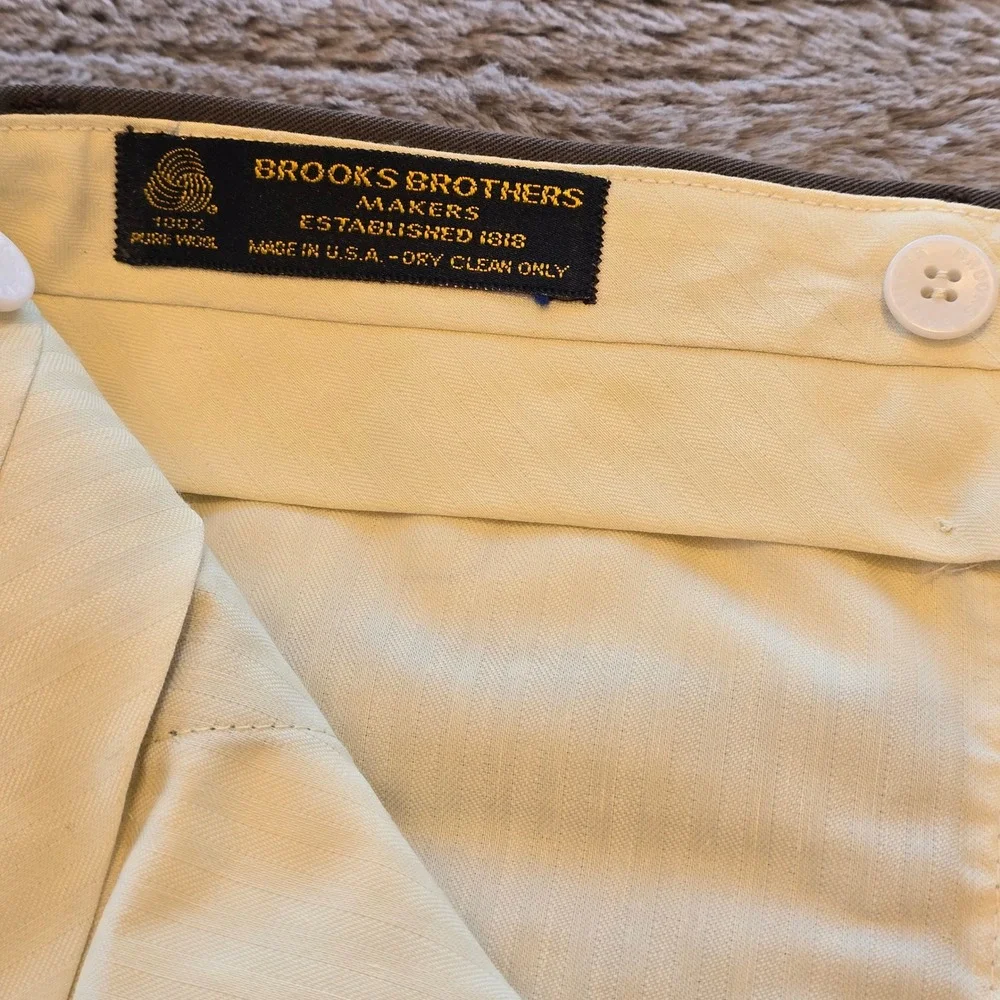Brooks Brothers Makers Mens 33 Wool Pleated Cuffed Dress Pants Olive Taupe USA